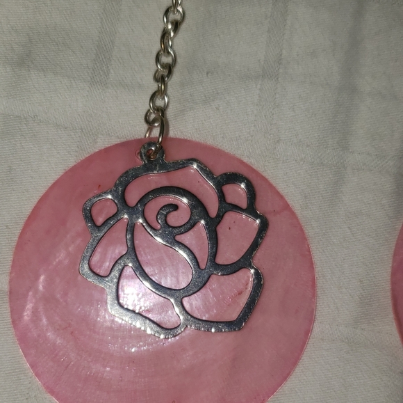Pink Earrings with Silver Roses - Picture 2 of 2
